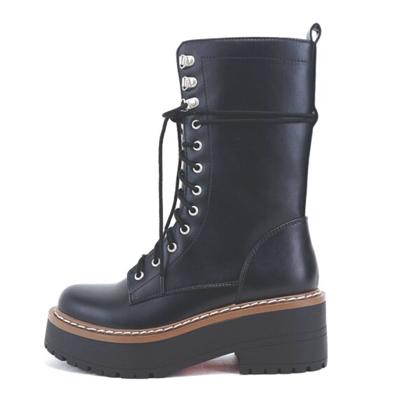 New Black Platform Lace Up Mid-Calf Combat Military Boots - Picture 2 of 5